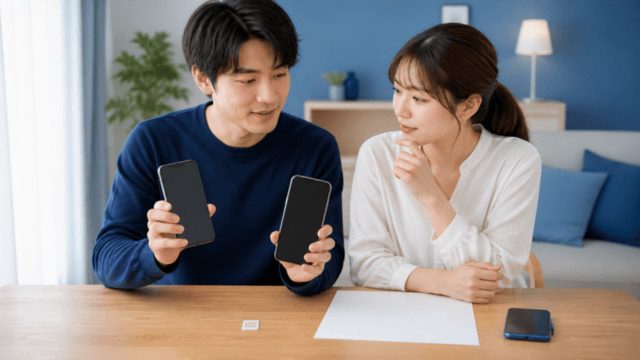 2台のスマートフォンとSIMカードで副回線の開通条件を確認する相談風景