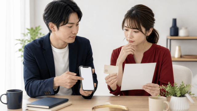 スマートフォンと銀行カードの適用条件を確認する相談風景