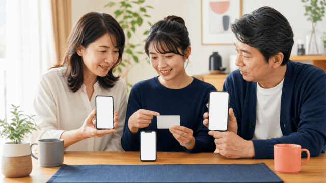 家族でスマートフォンと参加カードを確認する相談風景