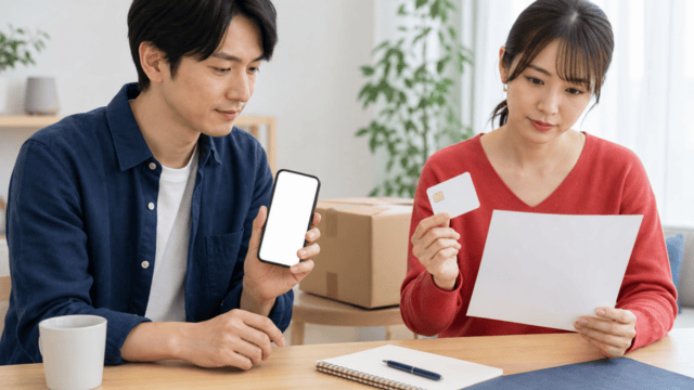 スマートフォンとSIMカードと配送条件を確認する申込準備の相談風景