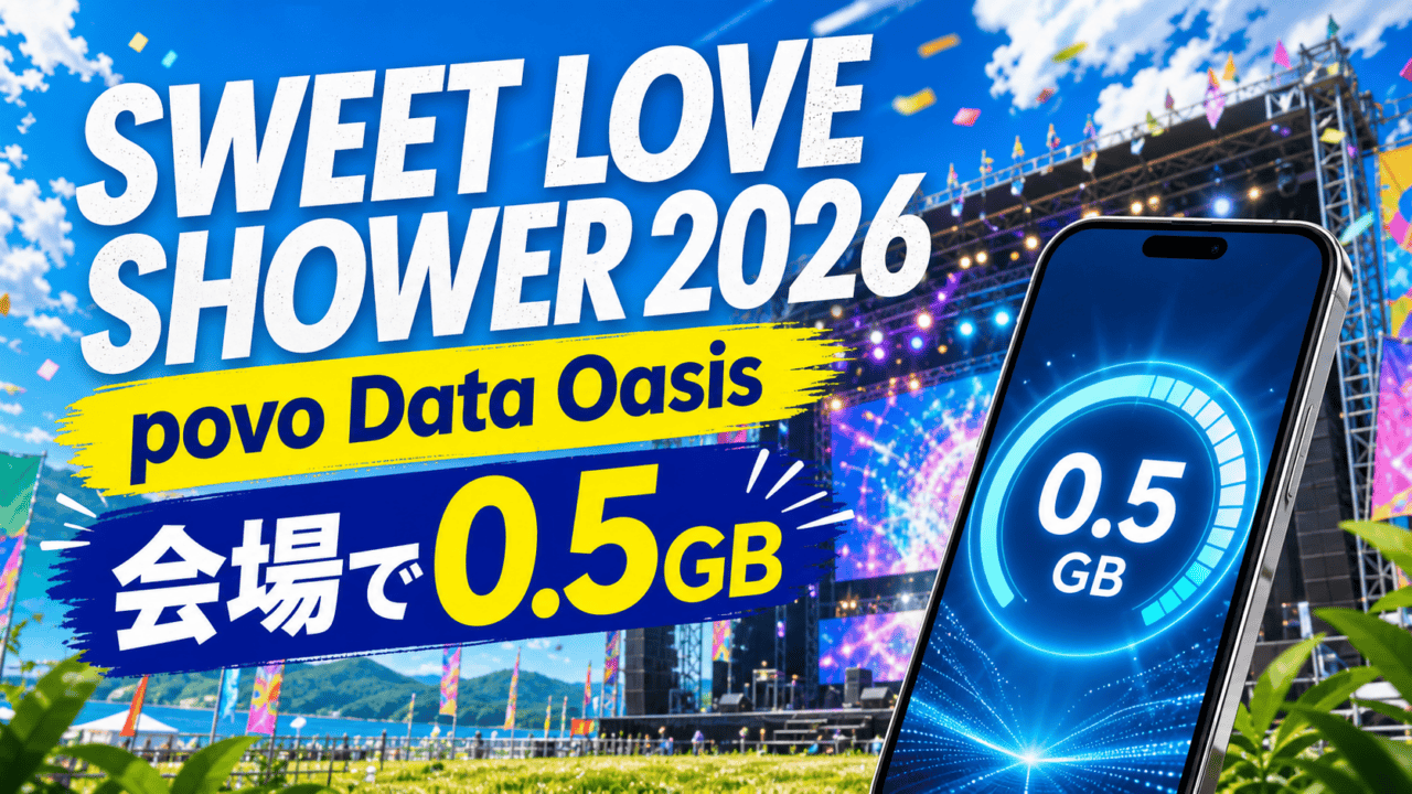 SWEET LOVE SHOWER 2026会場でpovo Data Oasisの0.5GB増量を表すイラスト