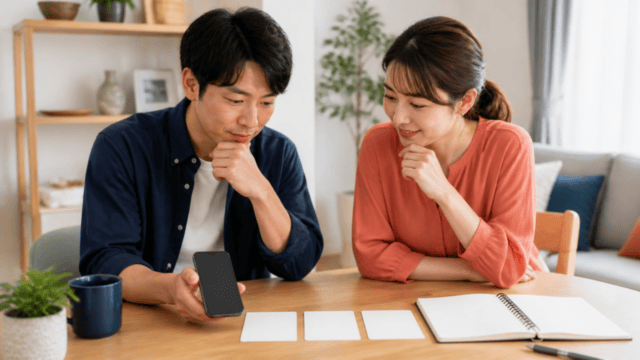 スマートフォンと無地カードで割引条件を比較する相談風景