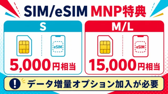 シンプル3 Sは5,000円相当、MとLは15,000円相当でデータ増量オプション加入が必要と示す比較図