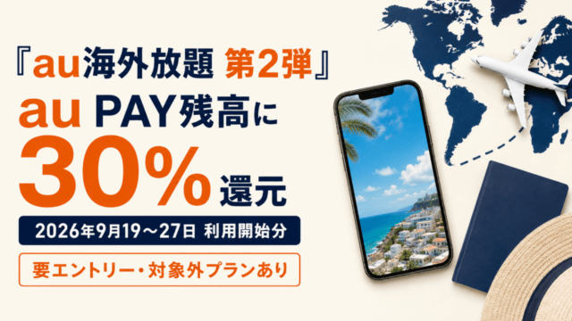 au海外放題 第2弾。au PAY残高に30%還元。2026年9月19〜27日利用開始分、要エントリー・対象外プランあり