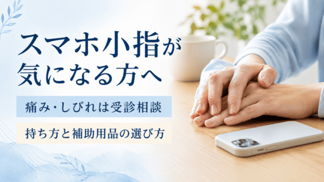 スマホ小指が気になる方へ。痛み・しびれは受診相談、持ち方と補助用品の選び方。独自制作イメージ。
