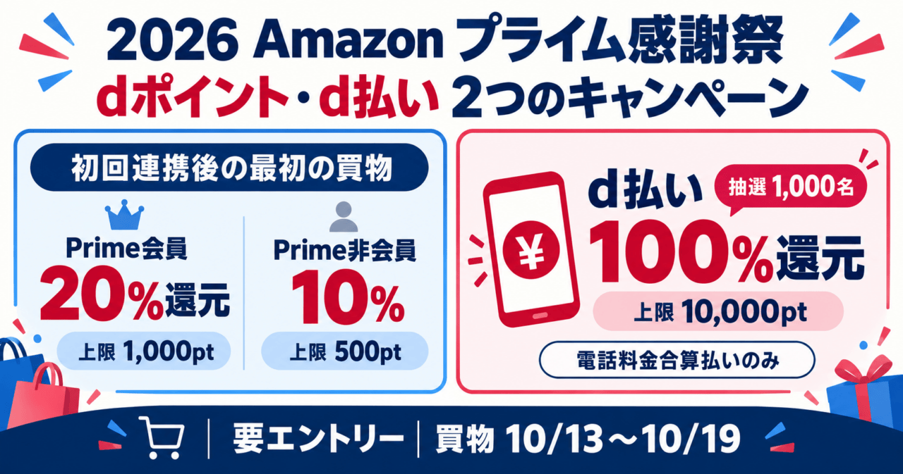 2026年Amazonプライム感謝祭のdポイント・d払いキャンペーン比較。初回連携の還元率とd払い抽選の条件を表示