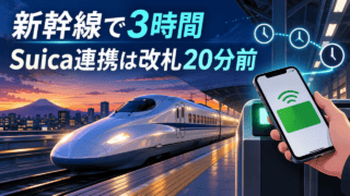 新幹線とスマートフォンのイラスト。「新幹線で3時間」「Suica連携は改札20分前」の文字。