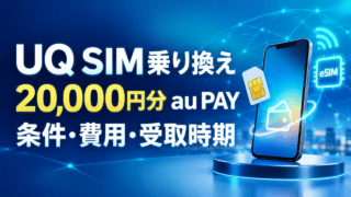 UQ SIM乗り換え20,000円分au PAYの条件・費用・受取時期を示す独自イメージ