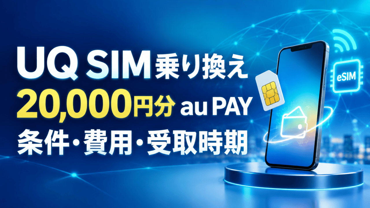 UQ SIM乗り換え20,000円分au PAYの条件・費用・受取時期を示す独自イメージ
