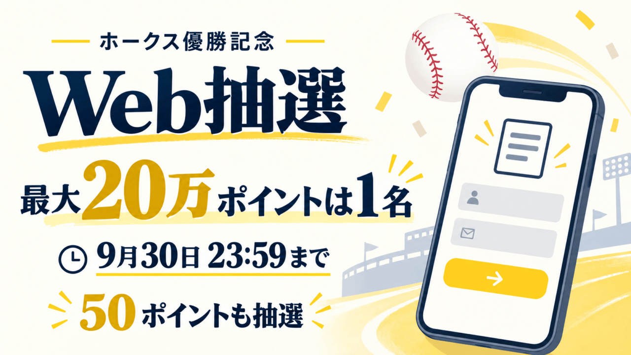 ホークス優勝記念のWeb抽選。最大20万ポイントは1名、50ポイントも抽選、9月30日23:59までと示す図解。