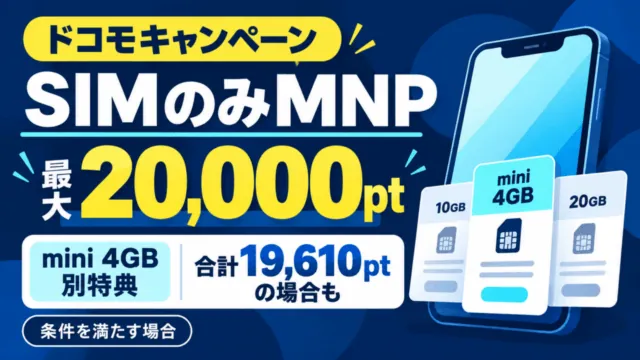 ドコモのSIMのみMNP最大20,000pt。mini 4GBの別特典と、条件を満たす場合の合計19,610ptを示す図。