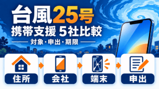 台風25号の携帯支援で、住所・契約ブランド・端末状態・申出条件を確認する流れ