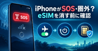iPhoneがSOS・圏外になった時に、eSIMを消す前の確認順を示すイメージ