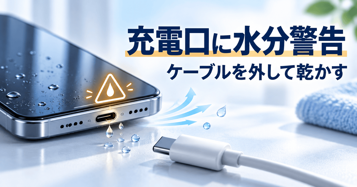 充電口に水分警告が出たスマホからケーブルを外し、乾かす様子を示した図解