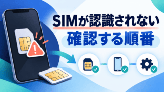 SIMが認識されないスマートフォンと、カード・端末・設定を順に確認する図