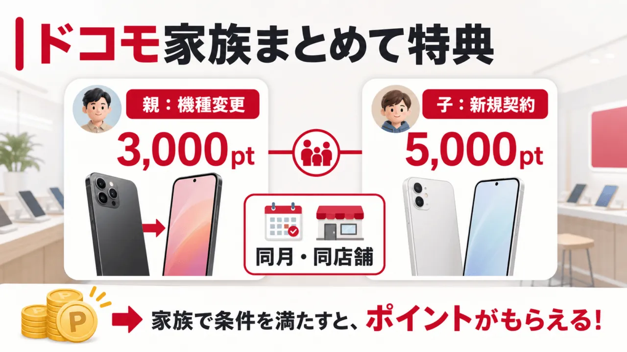 ドコモ家族まとめて特典。親の機種変更3,000ポイント、子の新規契約5,000ポイント、同月・同店舗