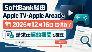 SoftBank経由のApple TV・Apple Arcadeの提供終了日と請求確認を契約期間で行う案内図。2026年12月16日終了と11月18日・12月16日の目盛りを表示。