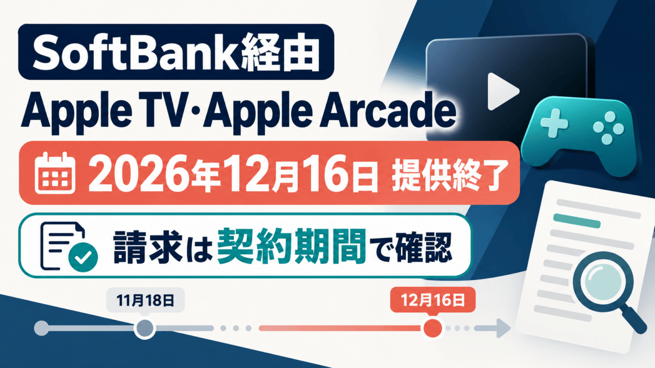 SoftBank経由のApple TV・Apple Arcadeの提供終了日と請求確認を契約期間で行う案内図。2026年12月16日終了と11月18日・12月16日の目盛りを表示。