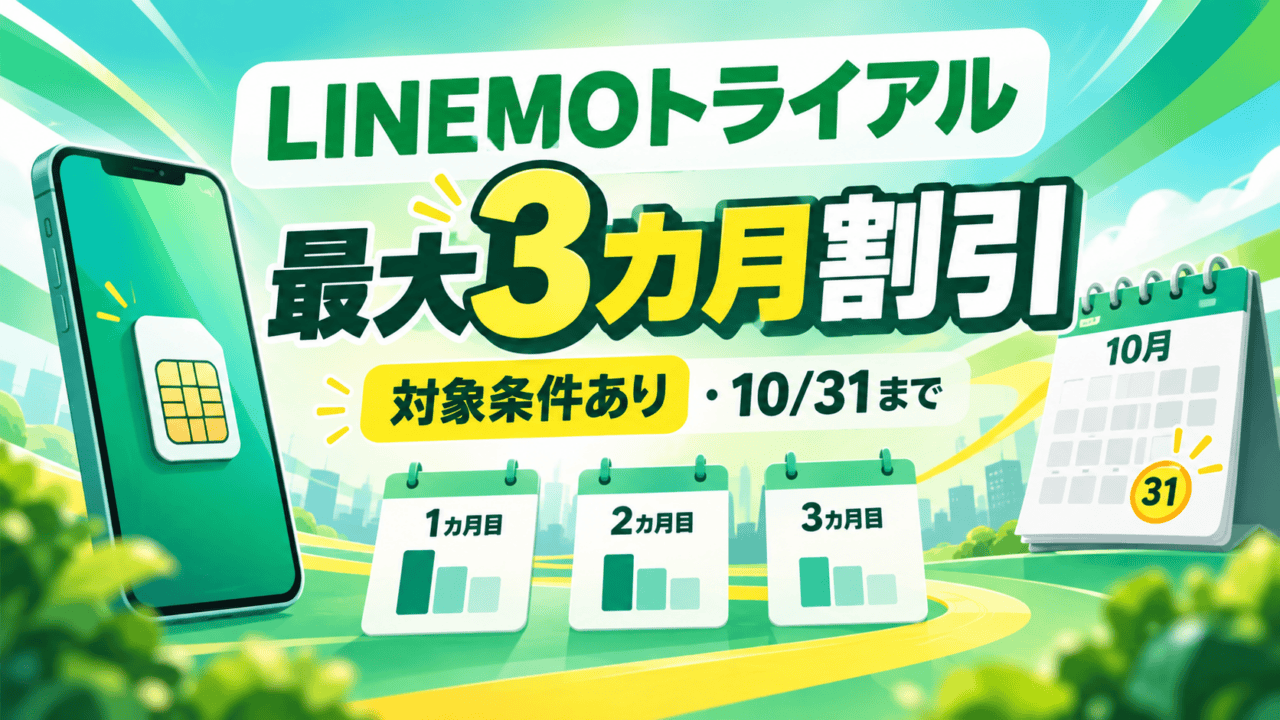 LINEMOトライアルの最大3カ月割引、対象条件、10月31日の申込期限を示す図