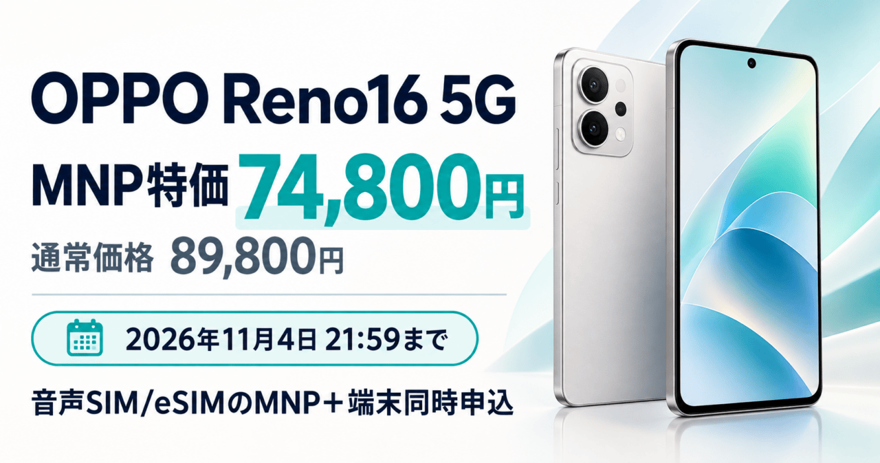 OPPO Reno16 5GのMNP特価74,800円、通常価格89,800円、申込期限と音声SIM/eSIMの同時申込条件を示した案内図。端末はイラストです。