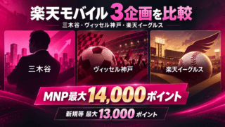 楽天モバイルの三木谷・ヴィッセル神戸・楽天イーグルス3企画を比較。MNP最大14,000ポイント、新規等最大13,000ポイント