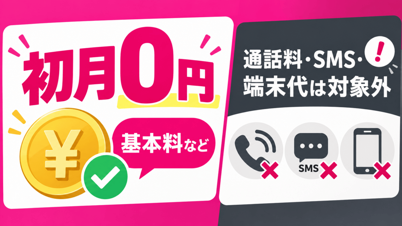 ソフトバンク基本料など初月0円の対象と、通話料・SMS・端末代など対象外の請求を示す模式図