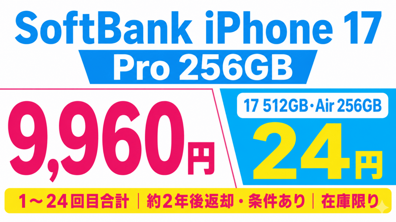iPhone 17 Pro・17・Airの2年返却による負担額の大幅値下げを案内するSP1制作イメージ