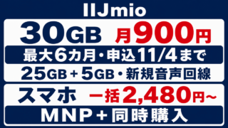 IIJmioは25GBに5GB増量で月900円が最大6カ月、申込11月4日まで。スマホはmoto g05がMNP同時購入で一括2480円。