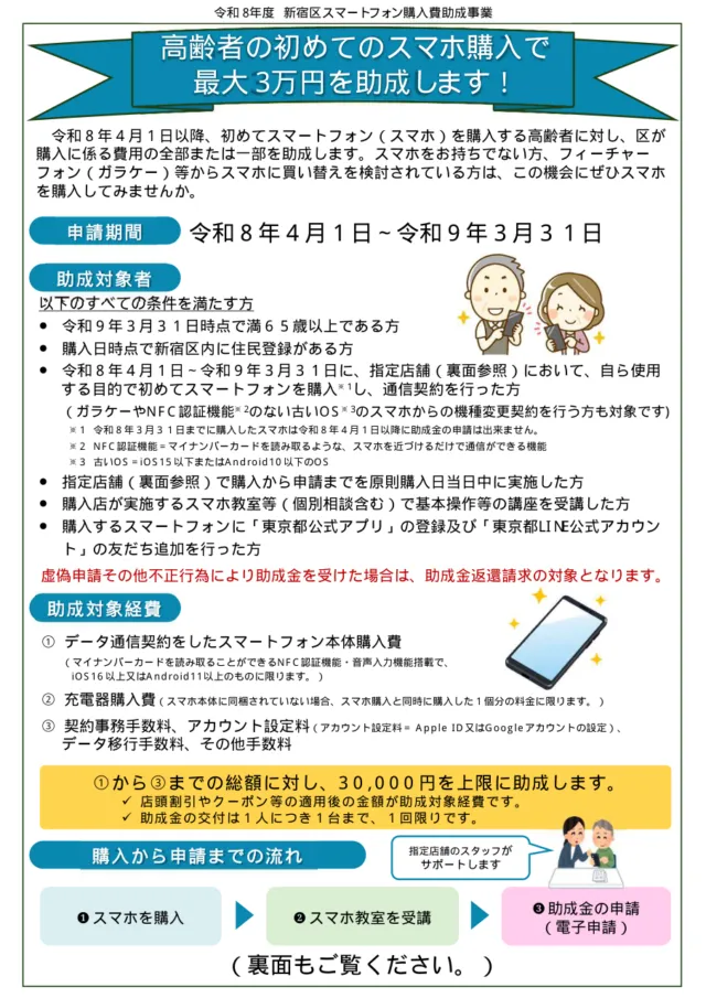 新宿区スマートフォン購入費助成事業のチラシ（表面）