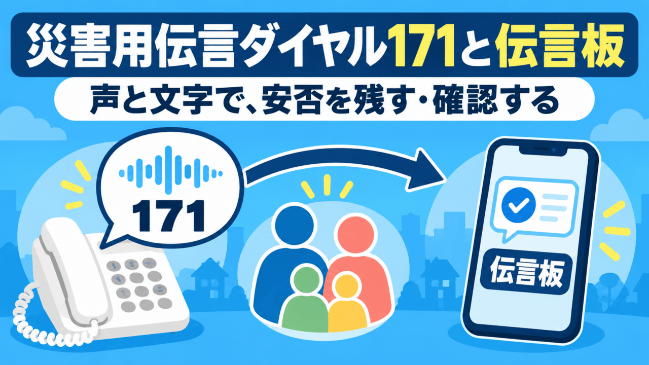 災害用伝言ダイヤル171と携帯の伝言板で、声と文字で安否を残し確認する図解