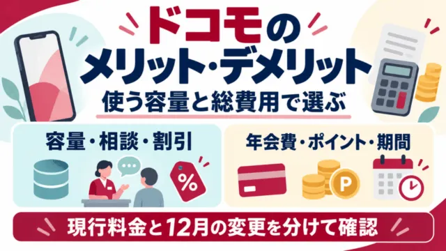 ドコモのメリット・デメリットを容量・相談・割引と年会費・ポイント・期間で比較。現行料金と12月の変更を分けて確認。