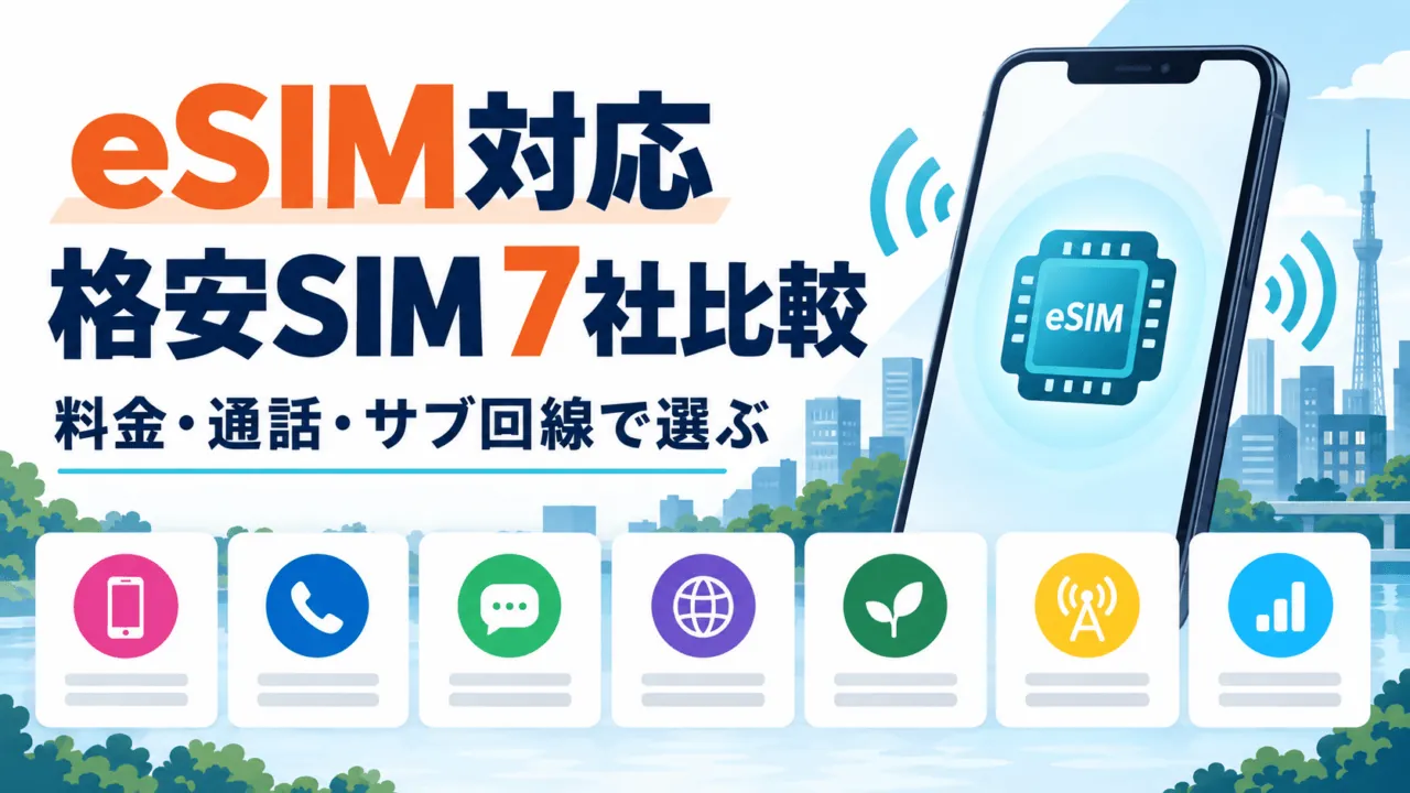 eSIM対応の格安SIM7社を料金・通話・サブ回線で比較する図