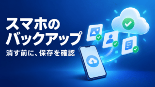 スマホのバックアップ / 消す前に、保存を確認を示すスマートフォンの模式図