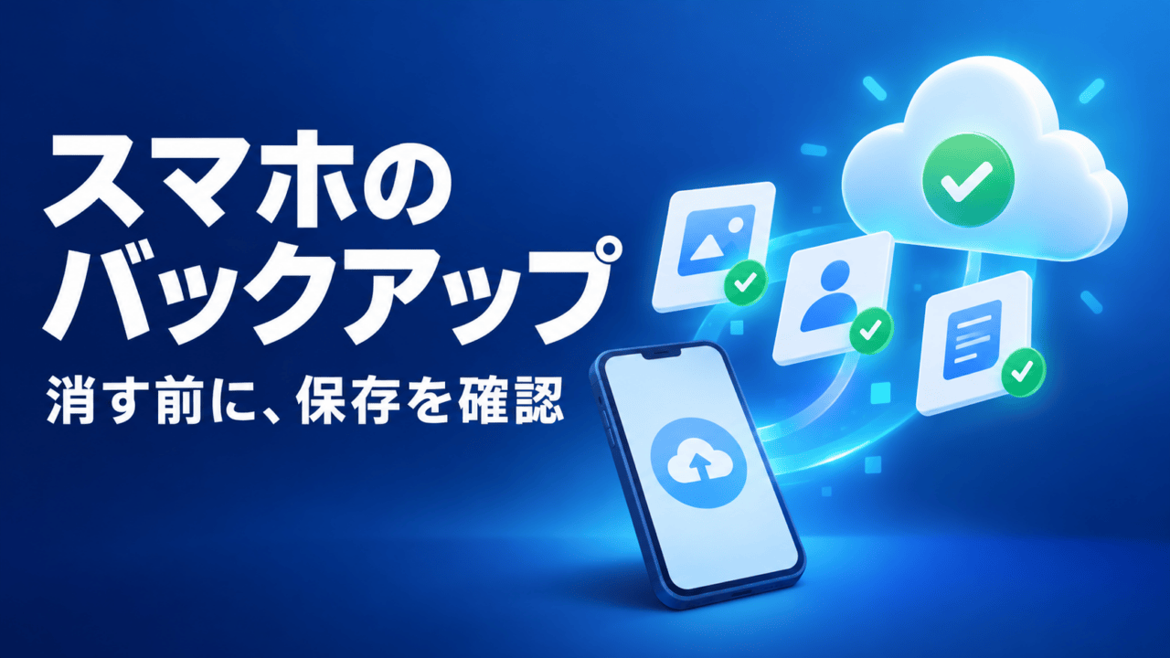 スマホのバックアップ / 消す前に、保存を確認を示すスマートフォンの模式図
