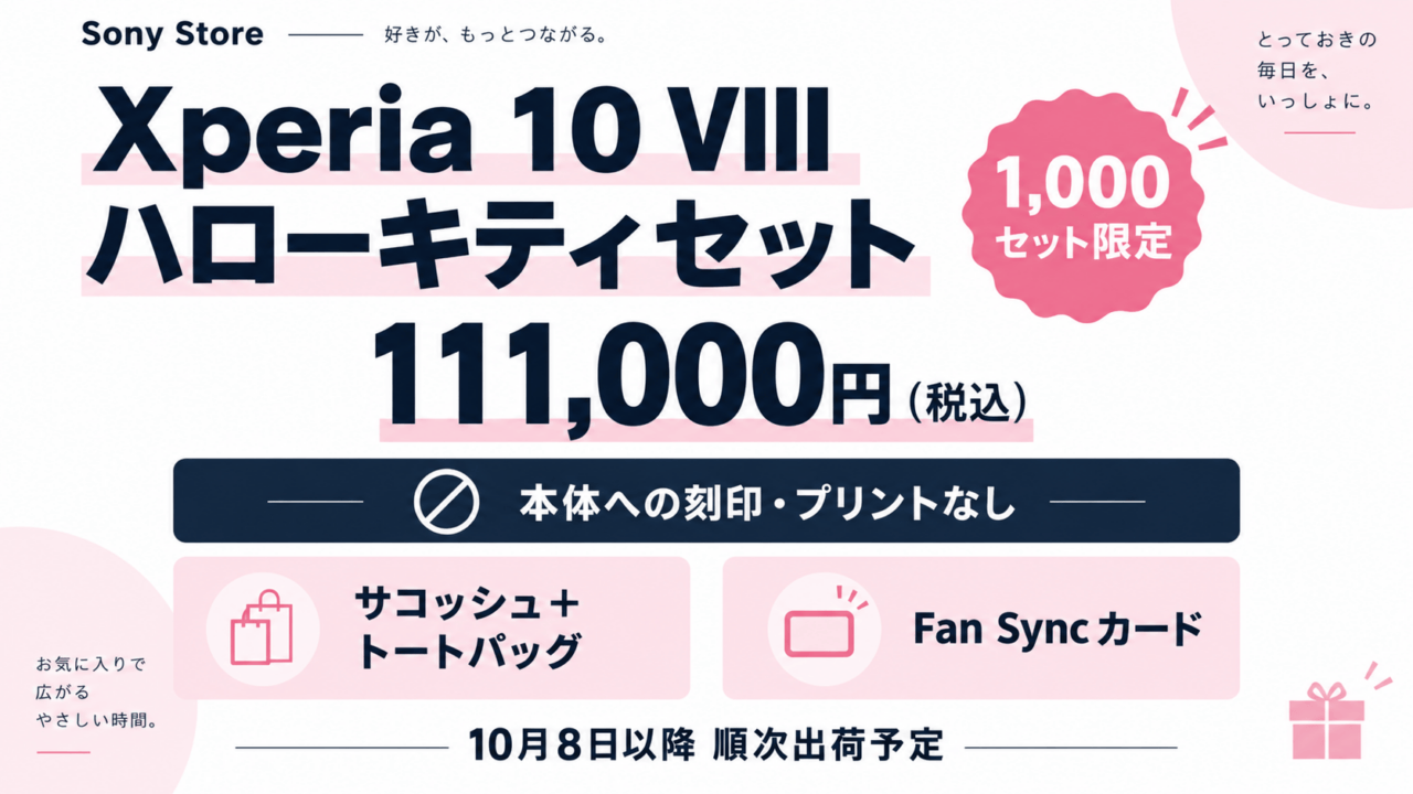 Xperia 10 VIIIハローキティセット、111000円税込、1000セット限定。本体刻印プリントなし、サコッシュとトートバッグ、Fan Syncカード、10月8日以降順次出荷予定の文字図解
