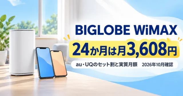 窓際のホームルーターとスマホ2台のイラストと「BIGLOBE WiMAX 24か月は月3,608円」の文字