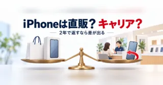 買い物袋と箱、携帯ショップの返却の矢印を天秤で比べるイラストと「iPhoneは直販？キャリア？」の文字