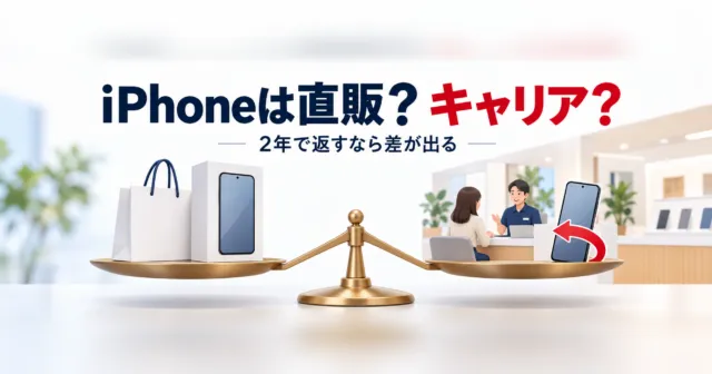 買い物袋と箱、携帯ショップの返却の矢印を天秤で比べるイラストと「iPhoneは直販？キャリア？」の文字