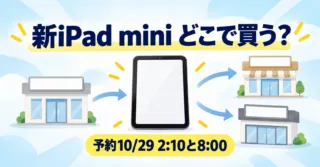 無地の小型タブレットと3つの店舗アイコンに「新iPad mini どこで買う？」の文字を描いたイラスト