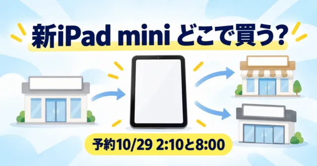 無地の小型タブレットと3つの店舗アイコンに「新iPad mini どこで買う？」の文字を描いたイラスト