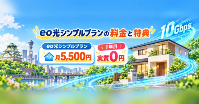 関西の街並みと戸建て住宅に10Gbpsの光が走るイラスト。eo光シンプルプラン 月5,500円、1年目実質0円