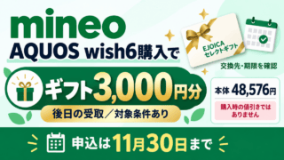mineoでAQUOS wish6を購入すると対象者へ後日ギフト3000円分。本体は48576円で購入時値引きではありません。申込は11月30日まで、対象条件ありという案内図。