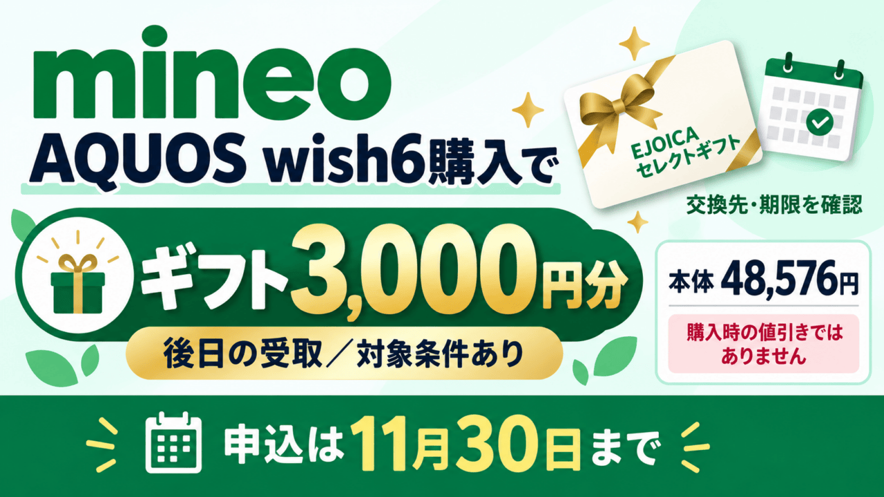mineoでAQUOS wish6を購入すると対象者へ後日ギフト3000円分。本体は48576円で購入時値引きではありません。申込は11月30日まで、対象条件ありという案内図。