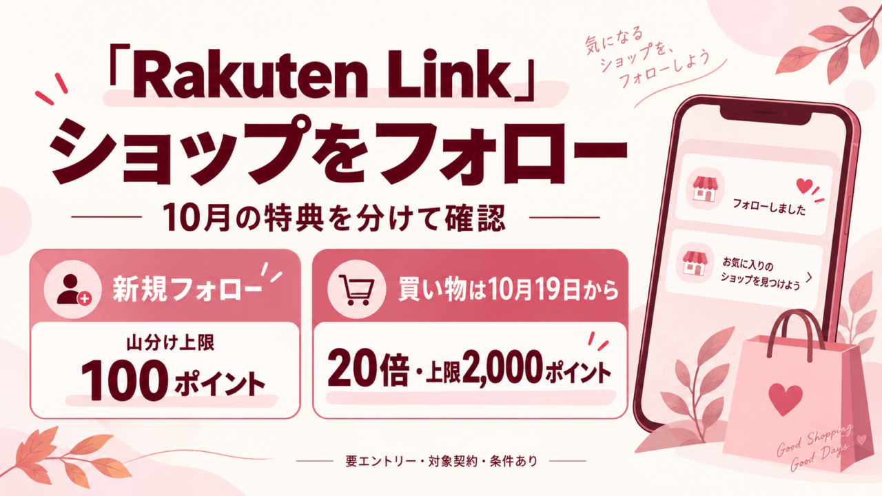 Rakuten Linkのショップフォロー特典を示す独自の概念図。新規フォロー山分けは上限100ポイント、買い物は10月19日から20倍・上限2,000ポイント。要エントリー、対象契約・条件あり。架空のスマホ画面で実アプリの操作画面ではありません。