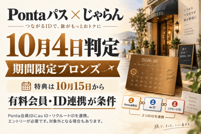 Pontaパスとじゃらんの期間限定ブロンズ特典を示す独自概念図。10月4日判定、特典は10月15日から。有料会員、Ponta会員IDへのau ID・リクルートID連携とエントリーが必要で、対象外条件もあります。描かれたホテルは実施設の写真ではありません。