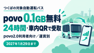 つくばの対象自動運転バスでpovo2.0利用者が0.1GBを無料で受け取れる案内図。24時間、車内QR、運賃別、2027年1月29日まで。バスと端末は概念図。
