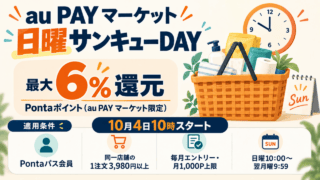 日曜サンキューDAY。最大6％のau PAY マーケット限定ポイント、Pontaパス会員・同一店舗の1注文3,980円以上・毎月エントリー・月1,000P上限の参加条件を示す図解。