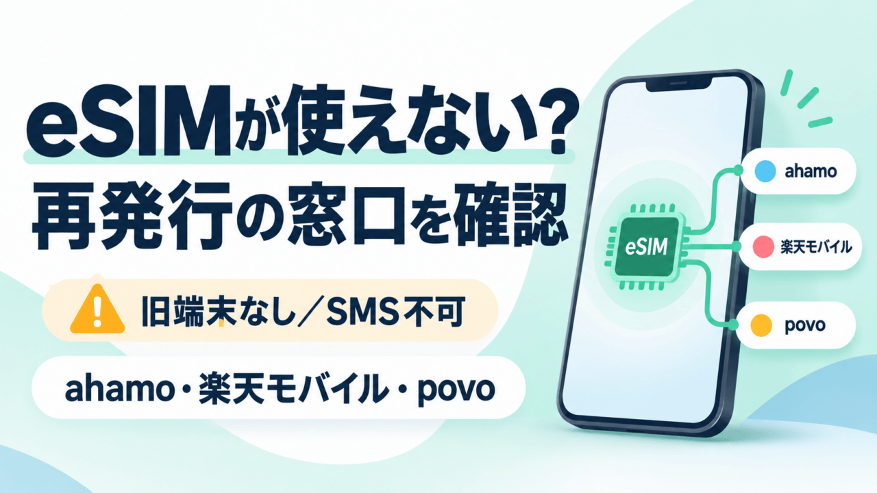 eSIMが使えない時は再発行の窓口を確認。旧端末なし・SMS不可の場合を、ahamo・楽天モバイル・povoの契約先別に分けるスマートフォンの図解。