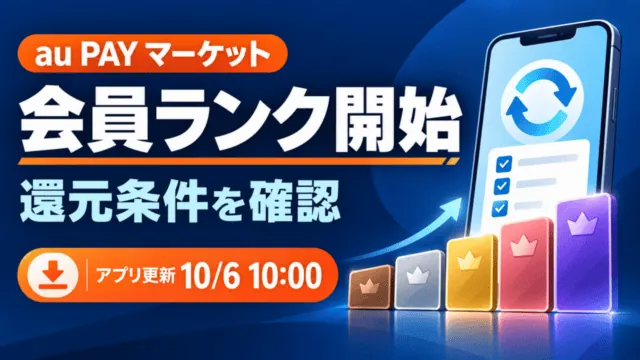 au PAY マーケットの会員ランク開始。還元条件を確認し、10月6日10:00のアプリ更新に対応する案内図。