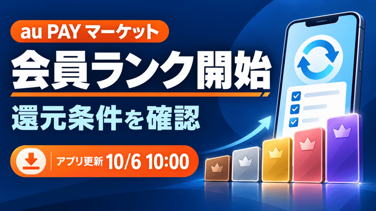 au PAY マーケットの会員ランク開始。還元条件を確認し、10月6日10:00のアプリ更新に対応する案内図。